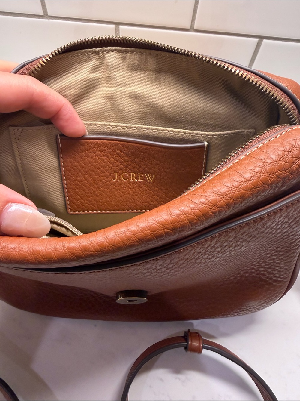 J. Crew Pebbled Leather Saddle Crossbody in Cognac Brown - Picture 2 of 11